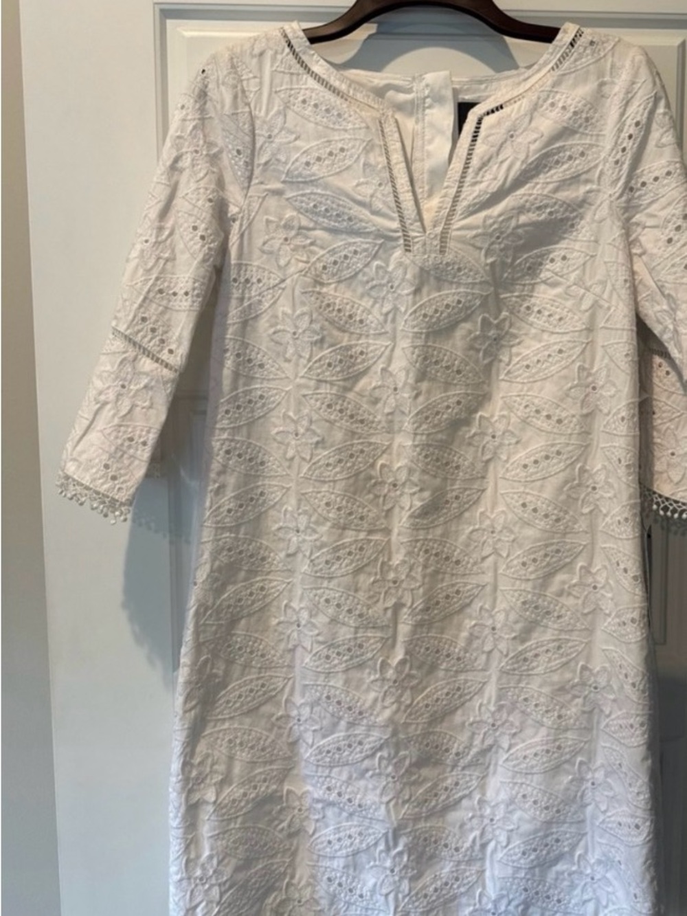 Adrianna Papell White Embroidered Cotton Bell Sleeve Eyelet short Dress